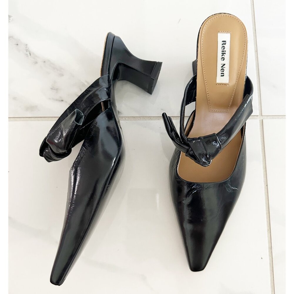 Reike Nen Pointed Toe Mary Jane Slide Kitten heel mules Sz 37.5 Black Patent